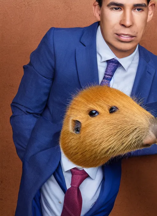 Prompt: hyperrealistic capybara businessman man professional headshot blue suit with red tie 8 k