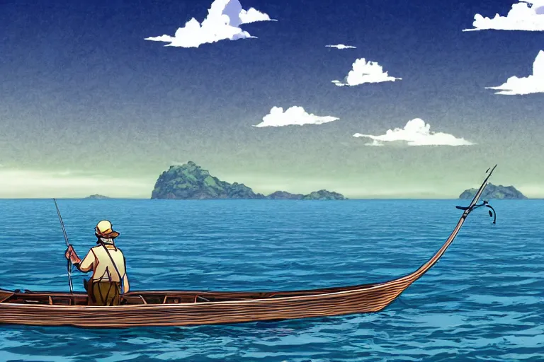 Image similar to cell shaded anime key visual of a fantasy fisherman in a small boat on a lake in the style of studio ghibli, moebius, makoto shinkai, dramatic lighting