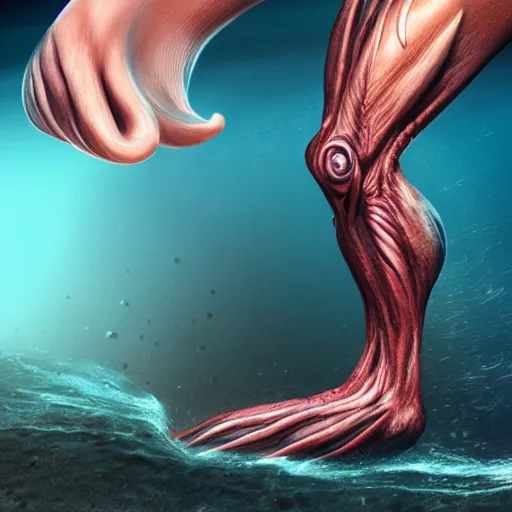 Prompt: deep sea creature with human leg, deep sea photography, ultra realistic, highly detailed