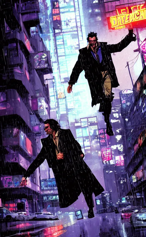 Prompt: Grizzled Trenchcoat detective leaping into the rain. Dynamic, delirious, creative panel style by Bill Sienkiewicz. Heavy chromatic abberation. Visual distortion. Sci-Fi cyberpunk Comic page made up of art by the best artists Trending on Artstation. Octane render, Raytracing, 3d masterpiece, fantastic lighting by James Gurney. Noir detective genre.