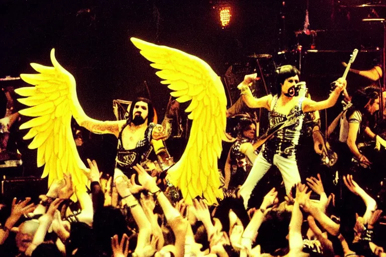 Prompt: freddie mercury queen singing at a death metal punk concert. mosh pit, elaborate clothing, violent rock concert yellow and white clothing, huge angel wings