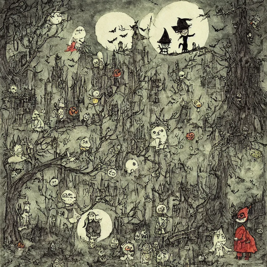 Prompt: a halloween scene by alexander jansson and maurice sendak