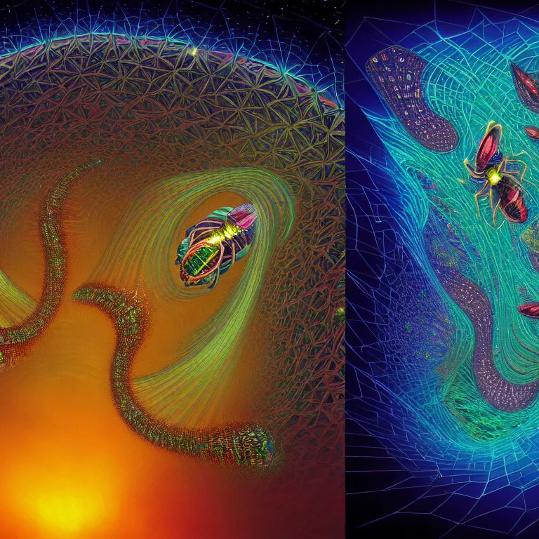 Image similar to an expansive octane redshift rendering of beautiful and complex interwoven fireflies at the rift in the timespace continuum portal fractal quantum by dan mumford, ombre, by jim fitzpatrick, by joe wilson, by jim burns, by victo ngai, by jacek yerka, featured on deviant art, trending on artstation