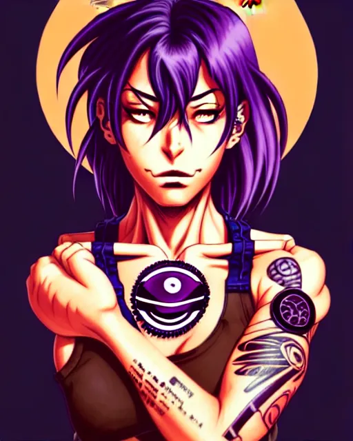 Image similar to a portrait of revy from black lagoon, black tank top, jean shorts, brown eyes, purple hair, tribal tattoos right arm sleeve, symmetrical eyes, symmetrical face, art by lois van baarle and loish and ross tran and rossdraws and sam yang and artgerm