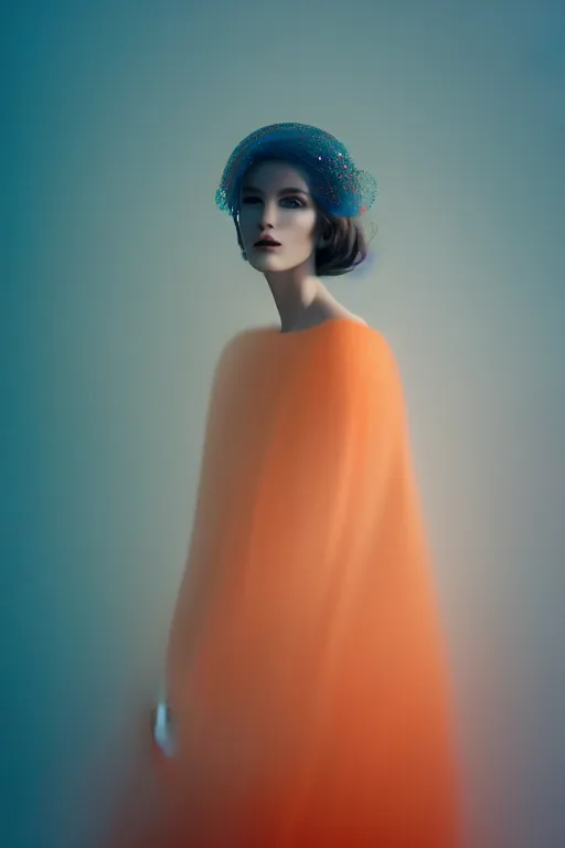 Prompt: a model wearing haute couture from chanel, macro photography, long exposure photograph, surrealism, anamorphic bokeh, cozy, soft light, orange and teal, caustic, atmospheric fog, octane render, cinematic