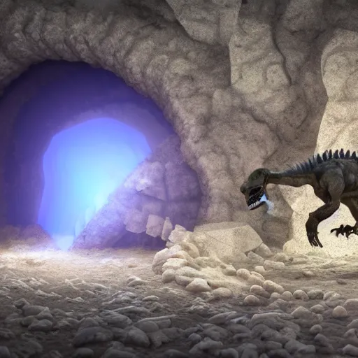 Image similar to photorealistic dinosaur skeleton inside a geode of crystals, volumetric lighting