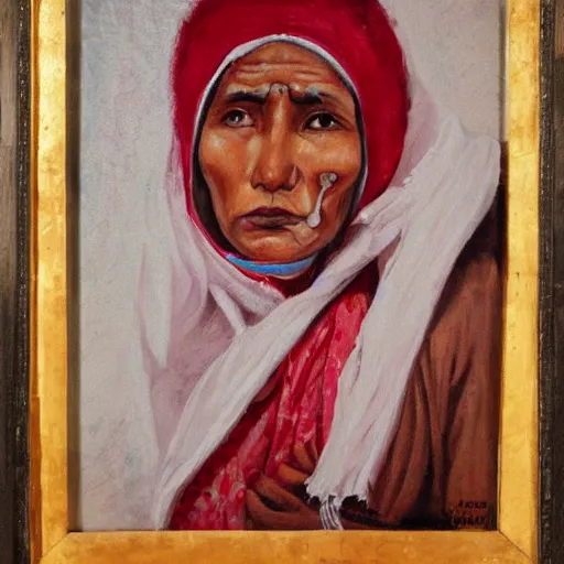 Image similar to a nepali woman wearing a white shawl, sad, bloody, tears, oil painting