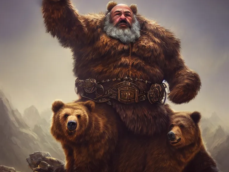 Image similar to High Fantasy Dwarf sits on Grizzly Bear, RPG Portrait, Oil Painting, Trending on Artstation, octane render, Insanely Detailed, 8k, HD