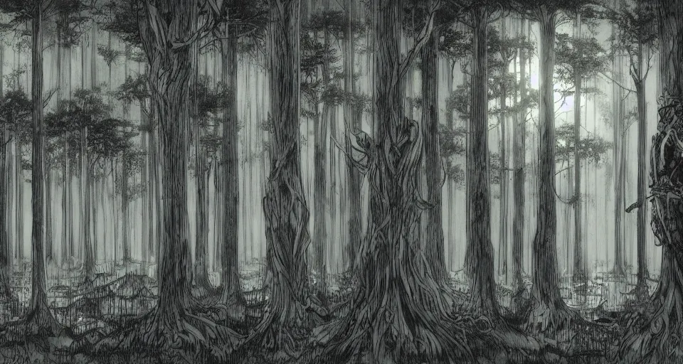 Image similar to A dense and dark enchanted forest with a swamp, by Hajime Isayama