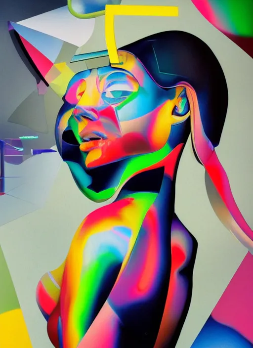 Image similar to futuristic lasers tracing, colorsmoke, fullbodysuit, pyramid hoodvisor, raindrops, wet, oiled, beautiful cyborg girl, by steven meisel, kaws, rolf armstrong, mondrian, kandinsky, perfect geometry abstract acrylic, octane hyperrealism photorealistic airbrush collage painting, monochrome, fluorescent colors, minimalist rule of thirds, eighties eros