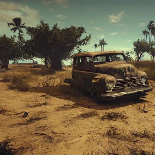 Prompt: unreal engine fallout far cry style weed plantation burning natural disasters post apocalyptic adrenaline anger oil black tar landscape wasteland miami desert fire craters miami beach sunset fucked up landscape dead 80s