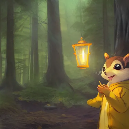 Image similar to concept art painting of an anthropomorphic anime chipmunk wearing a yellow cloak, holding a lantern, in the deep forest, realistic, detailed, cel shaded, in the style of makoto shinkai and greg rutkowski and james gurney