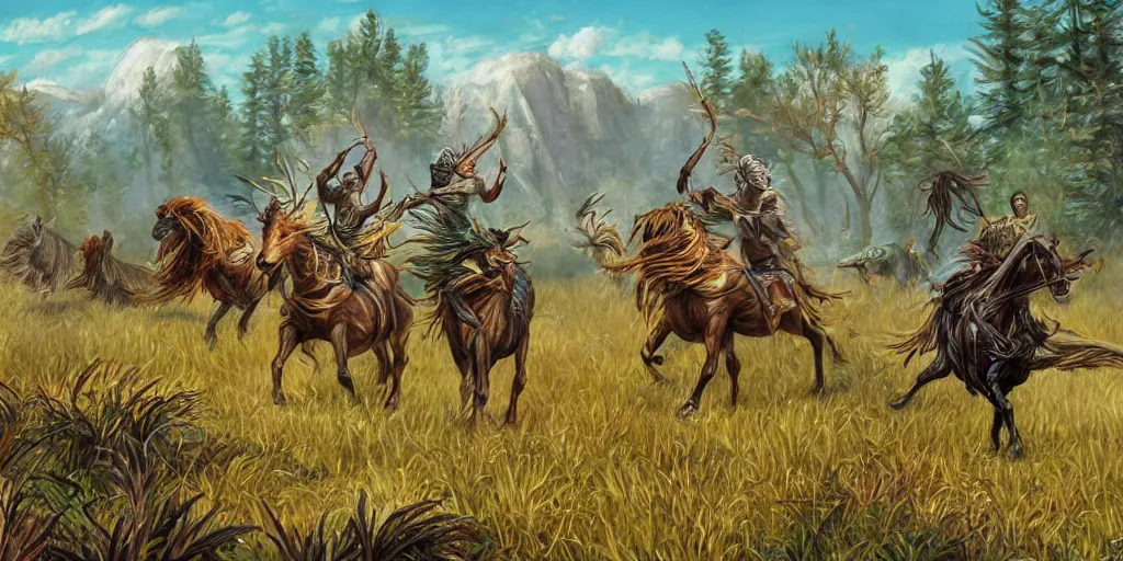 Image similar to wild rice-grain creatures galloping through the wilderness, style of Magic the Gathering, fantasy art