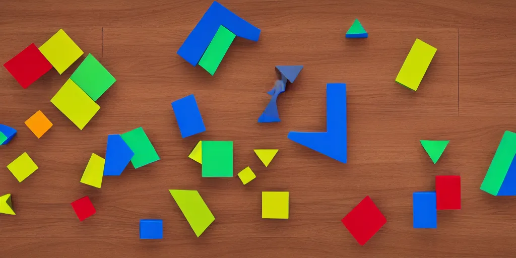 Prompt: full spectrum 3D blocks and shapes on wood floor 4K