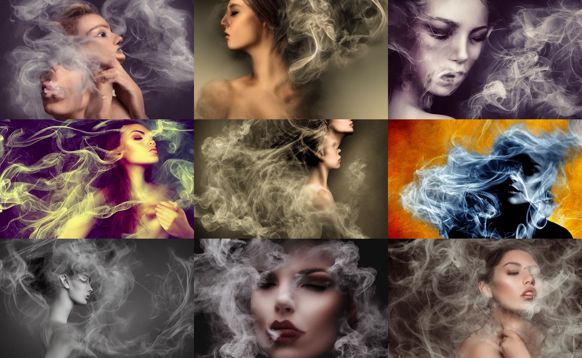 Prompt: smoke that draws a perfect portrait of a beautiful woman, wispy smoke traces the air like velvet sublime turbulence, digital artwork