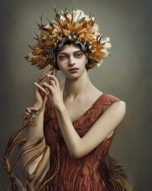 Image similar to portrait of a gorgeous young gladioli queen, uniquely beautiful, surreal, fantasy, ornamental, intricate, elegant, dramatic lighting, emotionally evoking symbolic metaphor, highly detailed, lifelike, photorealistic, digital painting, artstation, concept art, smooth, sharp focus, illustration, art by John Collier and Krenz Cushart and Artem Demura and Alphonse Mucha and Albert Aublet