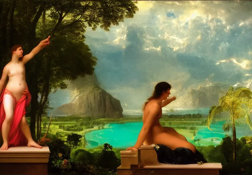 Image similar to Girl at the palace, refracted sparkles, thunderstorm, greek pool, beach and Tropical vegetation on the background major arcana sky, by paul delaroche, hyperrealistic 4k uhd, award-winning, very very very detailed