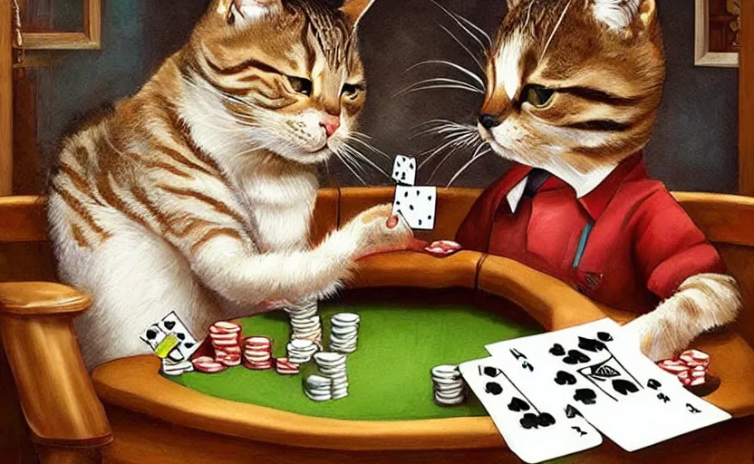 Image similar to funny cat playing poker, amazing artwork.