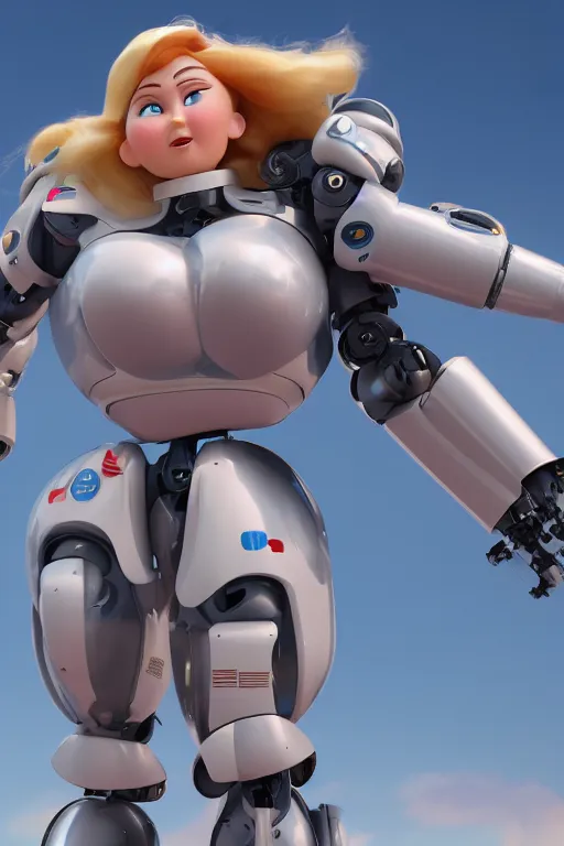 Prompt: cute chubby mecha pilot woman with blonde wavy hair| stylized | art style of disney pixar movie | HD 8k | rendered by octane