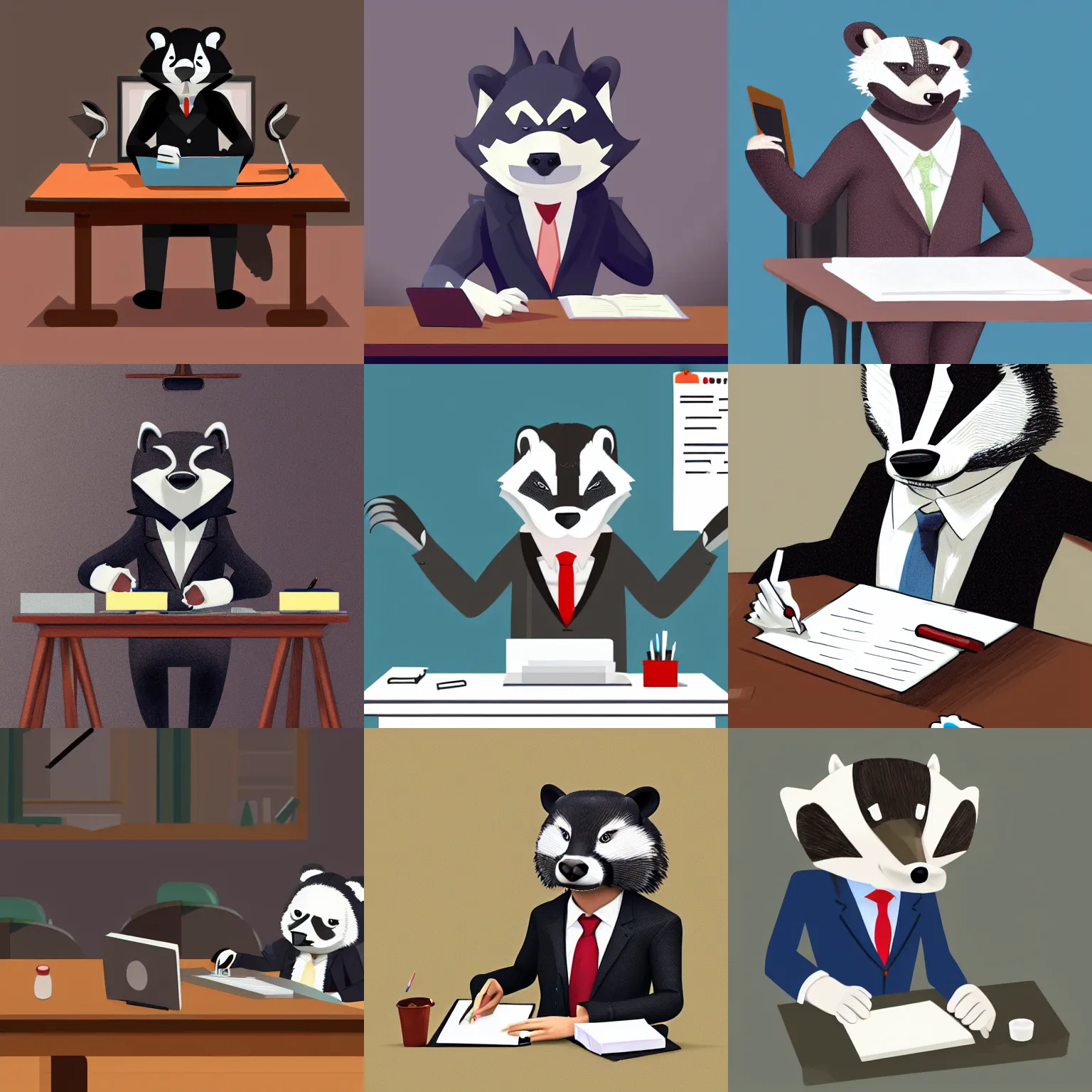 Prompt: an anthropomorphic badger wearing a suit sitting at a desk doing taxes, furry art, furry badger, anthropomorphic badger, character concept art, 4 k