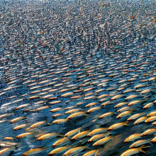 Prompt: a million fish forming a big tidal wave, bright daylight