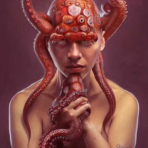 Image similar to portrait painting of octowoman, half man, half octopus, ultra realistic, concept art, intricate details, extremely detailed, photorealistic, octane render, 8 k, unreal engine. art by artgerm and greg rutkowski and alphonse mucha