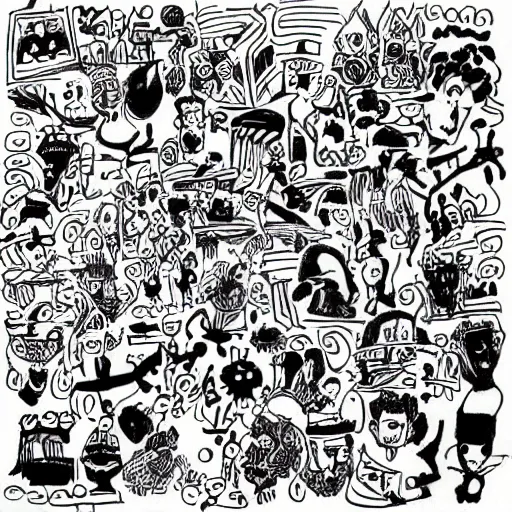 Image similar to black and white composition of a variety of doodles, drawings, faces, symbols, cartoons, lineart, cave drawing, silhouette, tattoo, chinese ink brush