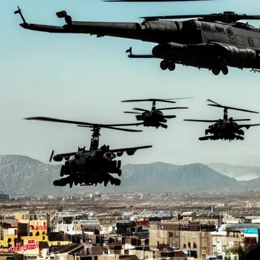 Prompt: Action Horror Cinematic Scene Military Helicopters shooting at Giant Monster in the city