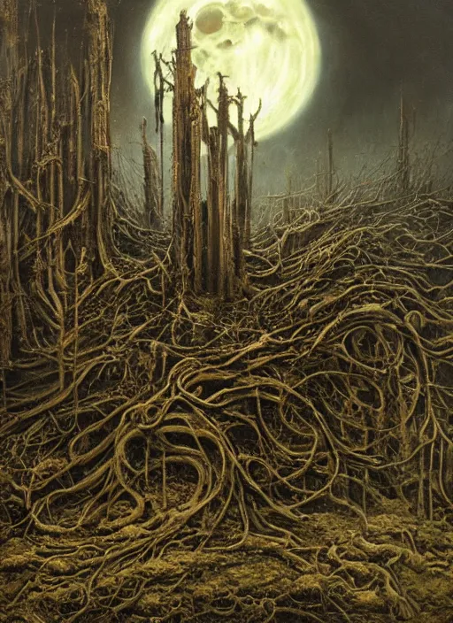 Prompt: a intricate oil painting of The Tomb in the dystopian landscape is opening through the ground, the dead has arisen under the glowing moon, dead trees and a brooding landscape by Giger and Dariusz Zawadzki and Beksinski