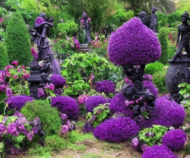 Image similar to fantasy garden, purple vines, black roses, black thorns, eerie, old statues