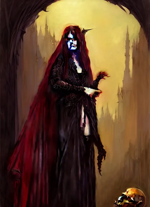 Prompt: female goth necromancer, robes, full body, hyper realistic, extremely detailed, dnd character art portrait, dark fantasy art, intricate fantasy painting, dramatic lighting, vivid colors, deviantart, artstation, by edgar maxence and caravaggio and michael whelan and delacroix.