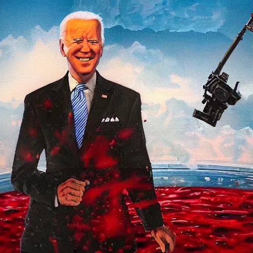 Image similar to Joe Biden holding a minigun standing ankle deep in a pool of blood with a war happening in the background, oil painting