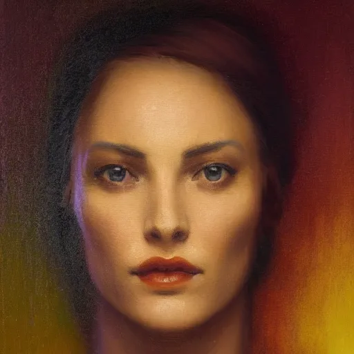 Prompt: detailed face of a gentle woman in loose woven garment, lush, opulent, contemplative, warm glow, rebirth, renaissance, chiaroscuro, bathed in light, impressionism, abstract background, prism, radiosity, pj crook, syd mead, livia prima, artgerm, greg rutkowski, nick alm, casey baugh, terrazzo, deep color