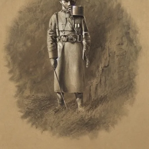 Image similar to a detailed photorealistic sepia - toned color portrait painting of a 1 9 1 7 worried clean - shaven british lieutenant in field gear in north arabia examining an ancient cylindrical clay jar, ultra realistic, intricate details, atmospheric, dark, horror, brooding, highly detailed, by clyde caldwell