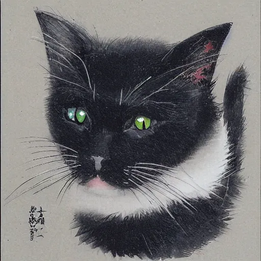 Prompt: a cute black cat by Amano Yoshitaka