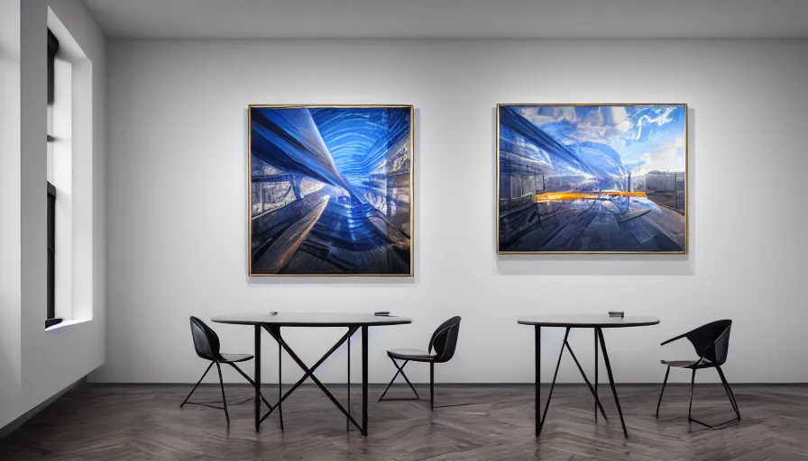 Prompt: interior futuristic art gallery wide angle highly detailed by santiago calatrava, three wall hanging paintings famous pieces by afrimov!, captivating 8 k hdr, octane render godrays hyperrealism