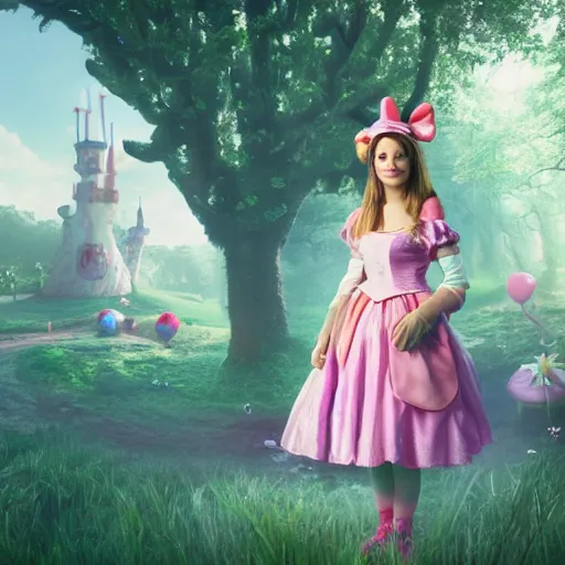 Prompt: teenager alice, alice in wonderland theme, photo realistic, disney, octane render, 8 k, unreal engine, hd, cinematic lighting