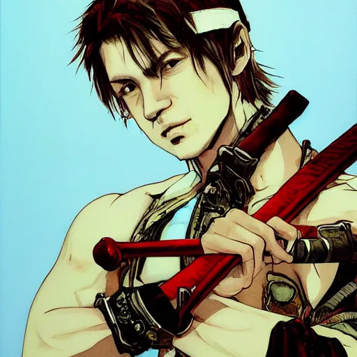 Image similar to portrait of a young white hero using his right arm to grip a katana that is covering his eye by yoji shinkawa, high quality, extra details, realism, ornate, colored, golden chain, blood, white skin, short hair, brown eyes, vivid, sunlight, red headband, black eyepatch, white american soldier, painting, cybernetics, military