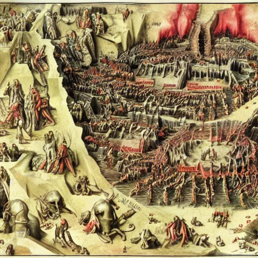 Image similar to detailed map of the nine layers of hell from dantes inferno. cutaway style.