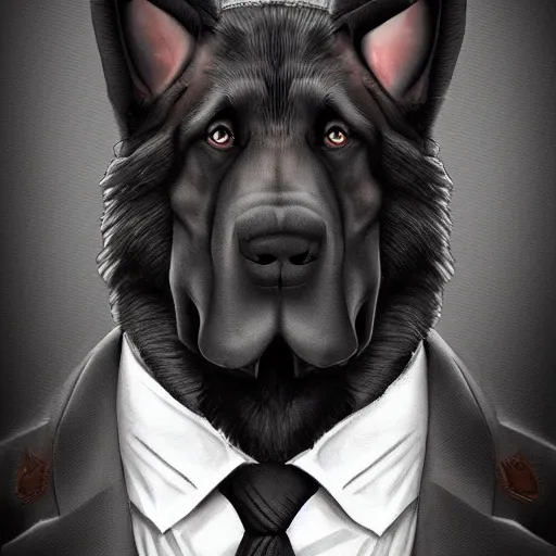 Image similar to a humanoid german shepherd beast - man, wearing suit, highly detailed portrait, digital painting, artstation, concept art, smooth, sharp foccus ilustration, artstation