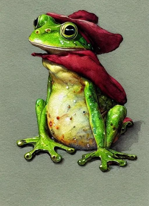 Image similar to detailed frog with a wizard hat by jean - baptiste monge and frank frazetta, post processing, painterly, book illustration watercolor granular splatter dripping paper texture, ink outlines, painterly, trending on artstation, trending on pinterest childrens art