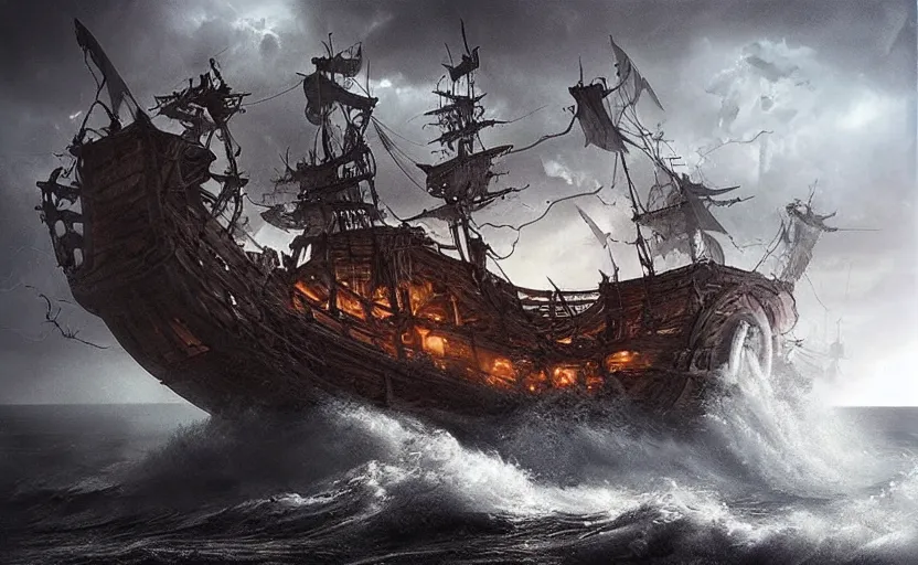 Prompt: “ a pirate ship in a treacherous lightning storm being attacked by a colossal seamonster, by igor morski, by peter morbacher, by robert hubert, rendered in octane, 8 k resolution, photorealistic, realistic shadows, trending on artstation ”