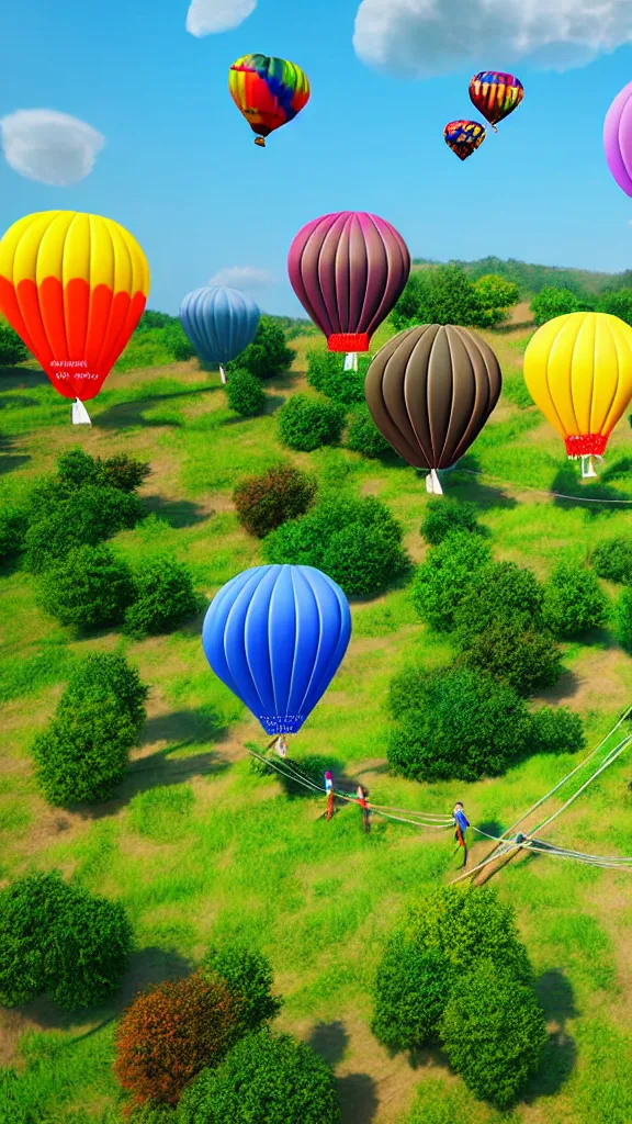 Image similar to large colorful balloons with people on rope swings underneath, flying high over the beautiful countryside landscape, professional photography, 8 0 mm telephoto lens, realistic, detailed, digital art, unreal engine