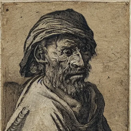 Image similar to A 17th Century beggar, with the letter B carved on his forehead, filthy, haggard, no teeth, dirty hair, Breughel