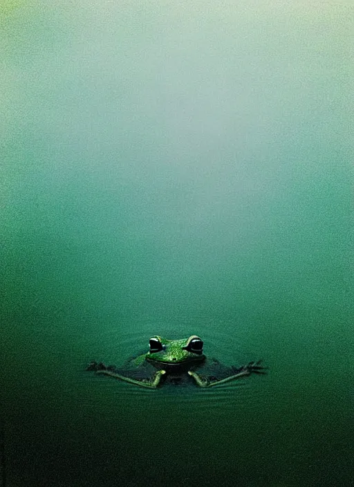 Image similar to “smiling frog vertically hovering over misty lake waters in jesus christ pose, low angle, long cinematic shot by Andrei Tarkovsky, paranormal, eerie, mystical”