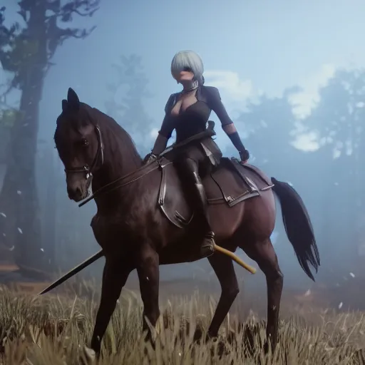 Image similar to Film still of 2B nier automata wearing skintight clothes riding a horse, from Red Dead Redemption 2 (2018 video game), trending on artstation, artstationHD, artstationHQ