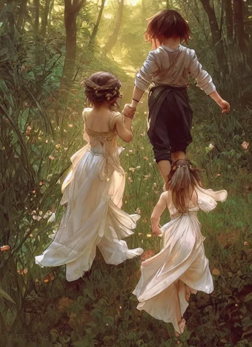 Prompt: two cute children holding hands and running through the forest. beautiful painting by artgerm and greg rutkowski and alphonse mucha