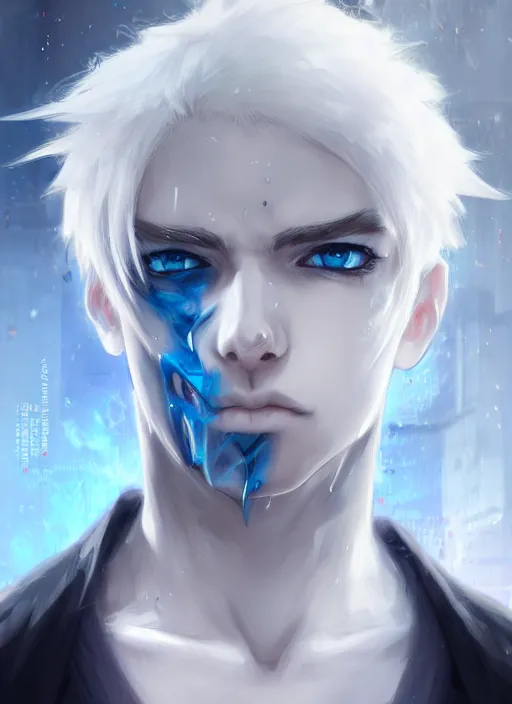 Prompt: highly detailed portrait art of half skull face boy white hair, black and blue eyes, ross tran, krenz cushart, white shirt, vd, intricate, digital anime art, sharp focus