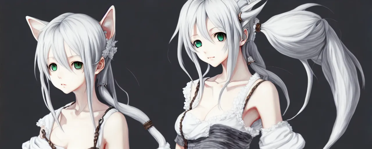 Image similar to a portrait of nekomimi wearing white dress an ultrafine detailed painting, detailed painting, detailed eyes!!, final fantasy octopath traveler realistic hands ghibly