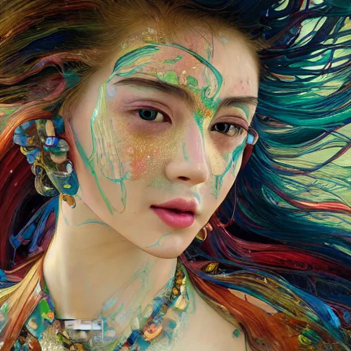 Prompt: an intricate oil painting of a beautifull woman portrait surounded by hiper detailed inkdrop in water, melting colorfull wax, fluid acrilic art, colorfull, excelent composition, by yoshitaka amano, by zero akuma, by alphonse mucha, by kittichai rueangchaichan, by ross tran, octane render